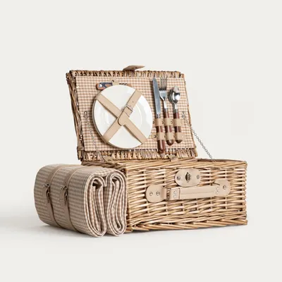Obrázok produktu pre Piknikový košík HOMLA ELVORA s béžovou vložkou a podložkou, 38 x 25,5 x 18 cm