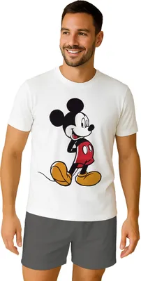 Produktbild von Disney Mickey Mouse Schlafanzug für Herren - Pyjama Set Männer Kurzarm Oberteil mit Shorts Hose Grau/Weiß XL