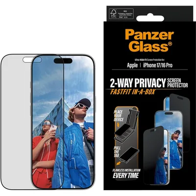 Zdjęcie produktu dla PanzerGlass ® 2-Way Privacy Screen Protector iPhone 17 | iPhone 16 Pro | Ultra-Wide Fit w. Fastfit in-a-box, Apple, Apple - iPhone 17, Apple - iPhone 16 Pro, Aplikacja na sucho, Odporny na zadrapania, Odporny na wstrząsy, Przezroczysty, 1 szt.