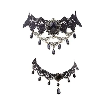 Produktbild von Gothic Halskette Set Schwarz Halsschmuck Damen Spitze Kette Damen Gotisch Choker Zubehör Vintage Halsband Victorian Schmuck für Halloween Pfingsten Maskerade Karneval Fasching Halloween Outfit,2 Stück