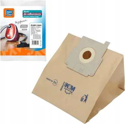 A product shot showing a package of vacuum cleaner bags and one individual bag.