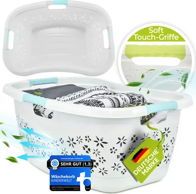 Produktbild von Premium Wäschekorb 50 L ergonomische Form - Soft-Touch-Griffe - großer Korb weiß weiß/aquamarin