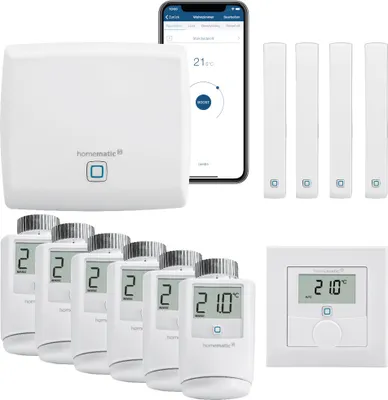 Produktbild von Homematic IP Funk Smart Home Heizungssteuerung Komplettpaket für 6 Heizkörper mit App. Inhalt: Access Point, 6 Heizkörperthermostate, 4 Tür-Fensterkontakte, 1 Wandthermostat. Kompatibel mit Alexa und Google Home.