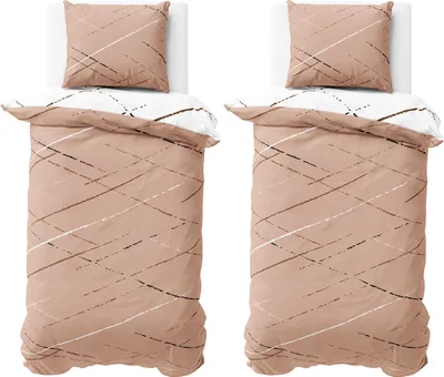 Produktbild von Bettwäsche 155x200 cm Baumwolle Beige Weiß Streifen Bettbezug PolyBaumwolle Wendebettwäsche mit Reißverschluss 4 teilig