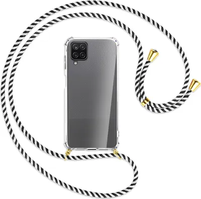 Produktbild von Handykette Backcover-Schutzhülle mit Band (Metall goldfarben) für Samsung Galaxy A12 - schwarz/weiß gestreift