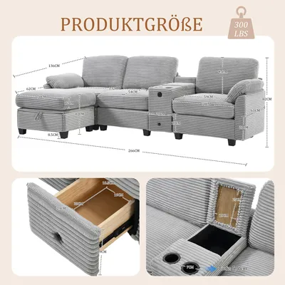 Productafbeelding van Grote corduroy sofa, comfortschuim, afneembare middenconsole, 2 bekerhouders, USB-C aansluiting, opbergruimte (lichtgrijs)