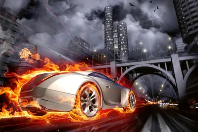 Produktbild von Fototapete - Car in Flames 375x250cm - Vliestapete