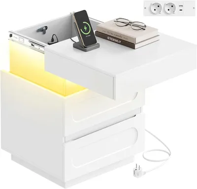 Produktbild von WOLTU Nachttisch mit Ladefunktion und LED-Beleuchtung, Nachtschrank, mit Geheimfach 2 Schubladen, Weiß