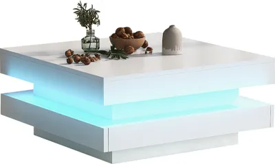 Immagine prodotto di Tavolino quadrato bianco lucido con piano girevole - Stile techno moderno con illuminazione a LED a 16 colori, 70x70x36 cm