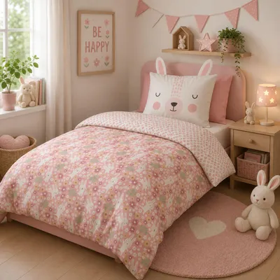 Produktbild von Kinder Bettwäsche Set 135x200 80x80 cm süße Häschen Hase Bettwäsche mit Ohren, 2 teilig, Renforcé aus 100% Baumwolle mit Reißverschluss