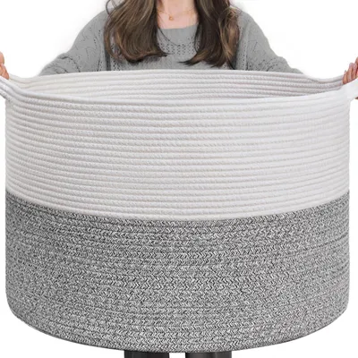 Immagine prodotto di Cesto portaoggetti per cameretta, 55x35 cm, grigio e bianco, corda di cotone, capacità 90 litri