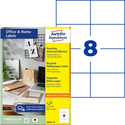 Produktbild von Avery Zweckform LR3427-10, Recycling Universal-Etiketten, A4, 105 x 74 mm, 80 Etiketten / 10 Bögen, naturweiß