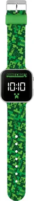 A digital watch with a Minecraft-themed strap and display.