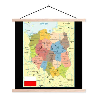 Produktbild von MuchoWow® Textilposter Bunte Karte von Polen 60x60 cm mit holzfarbenen Rahmen - Wanddekoration