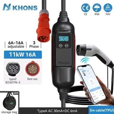 Productafbeelding van Draagbare EV Oplader 11KW 16A - Type2 Stekker - 5 Meter TPU Kabel - IP65 Waterdicht - Voor Elektrische Auto's
