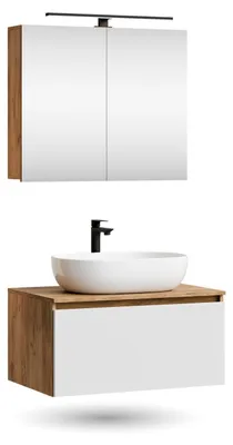 Produktbild von ARISA Badmöbel Set in Weiß - Mit Spiegelschrank "ARIA" und weißem Keramik-Aufsatzwaschbecken 60 cm
