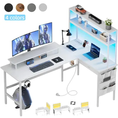 Produktbild von L-förmiger Gaming-Schreibtisch - Eckschreibtisch 170 x 74 cm - Reversibel - Computertisch mit Steckdose - Bürotisch mit Aufsatz - Monitorständer - Weiß