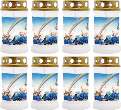 Produktbild von Grabkerze Weiß 8er Pack, Brenndauer: 40 Stunden ( je Kerze ), Motiv: Regenbogen