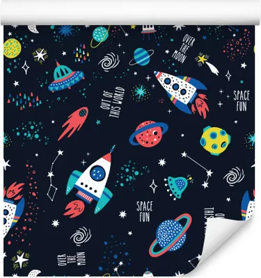 Produktbild von 10m VLIES TAPETE Rolle Kinderzimmer Kosmos Raketen Planeten Sterne XXL