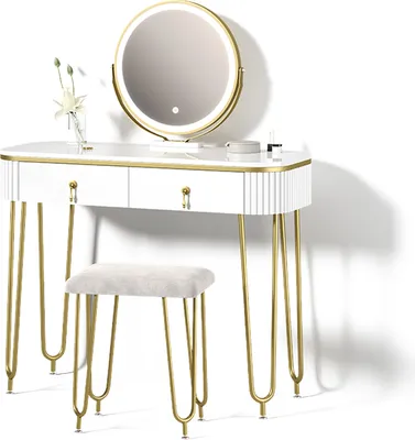 Immagine prodotto di Tavolo da toeletta Livinity Isonca Bianco lucido con illuminazione LED e sgabello, Model 52394