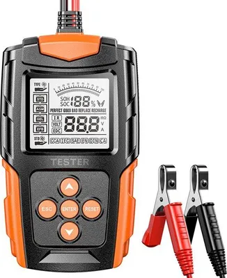 Image de Testeur de batterie 12 V/24 V - Appareil de test de batterie professionnel avec fonction de diagnostic - Pour voitures, motos et camions - Précision de 99,5 % - Écran LCD - Orange