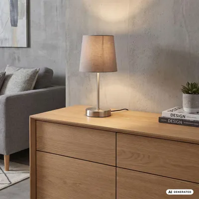 Image de B.K.Licht Lampe de table LED avec abat-jour textile 308x100mm ronde 1xE14 max 25W lumière blanche chaude taupe nickel mat lampe bureau chevet salon
