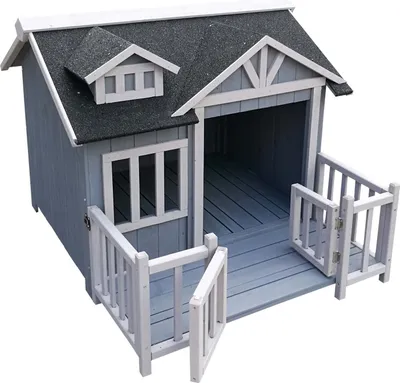 Zdjęcie produktu dla Wiltec luksusowa buda dla psa XL 93,5 x 77,5 x 70 cm, szaro-biała, drewniana buda dla psa z werandą, zewnętrzna buda dla psa na balkon, taras ogrodowy