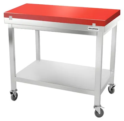 Image de Table de travail en inox 1200x700 mm avec plaque de découpe rouge sur roulettes PREMIUM - GOLDINOX