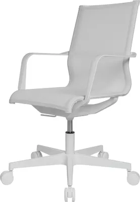 A white office chair with armrests and a five-star base with wheels, isolated on a white background.