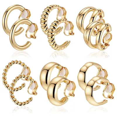 Imagen del producto de Pendientes tipo clip dorados, 6 pares, con diseño trenzado y anudado, sin necesidad de perforación, para mujer
