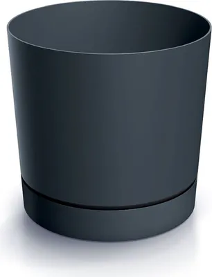 A dark gray cylindrical planter with a saucer base, shown against a white background.