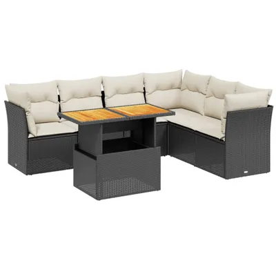 Produktbild von Modulares Garten-Sofaset, 7-teilig, mit verstellbarem Tisch, Poly Rattan Schwarz, Cremeweiße Kissen, UV-beständig