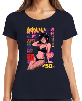 Productafbeelding van Schattig anime-meisje, bril, manga, retro-stijl, Y2K, Japan, dames T-shirt, marineblauw, maat S