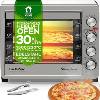 Obrázek produktu pro TurboTronic Mini trouba - EVS30 - 30 litrů s horkovzdušnou cirkulací a otočným rožněm, nerezová ocel, včetně 2× pečicího plechu, 1500 W kompaktní stolní trouba na kempování a pizzu s