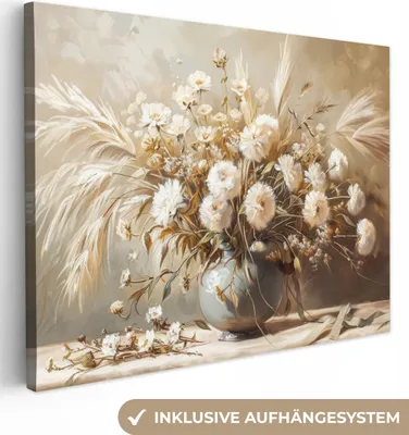 Produktbild von MuchoWow® - Leinwandbilder - Blumen - Vase - Stilleben - Beige, Wandbild, Wanddeko Bilder Wohnzimmer, 80x60 cm