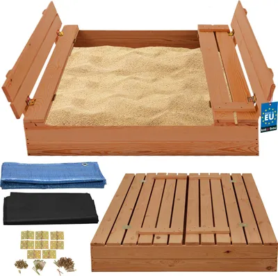 Produktbild von KOTARBAU® Sandkasten mit Abdeckung 100 x 100 cm Braun Großer Holzsandkasten Sandkasten mit Sitzbank und Deckel Gartenspielzeug Kinder imprägniert verschließbar mit Bänken