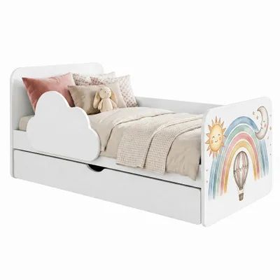 Produktbild von Weißes Kleinkindbett 140x70 cm Motiv Wolke | Inkl. Bettkasten & Schaumstoffmatratze | Mädchen & Jungen, bunter Aufkleber