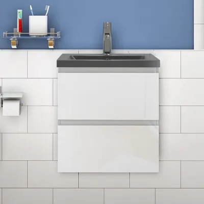Produktbild von Waschtisch mit Unterschrank 50cm Alast Badmöbel Set Hochglanz Weiß Waschbecken Dunklegrau mit Unterschrank MDF Softclose