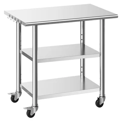 Produktbild von Gastro Arbeitstisch Edelstahl Vorbereitungstisch - Edelstahltisch auf Rollen - 3 Ebenen höhenverstellbar - Tragkraft 227 kg oben, 2x 191 kg unten - 91,5 x 61 x 86,4 cm - Silber