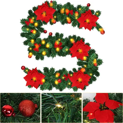 Immagine prodotto di Jopassy 2.7M ghirlanda di Natale ghirlanda di abete decorazione di Natale con fiori rossi decorazione di Natale lampade LED bella decorazione di vacanza per scale, parete, porte In-Out Door rosso