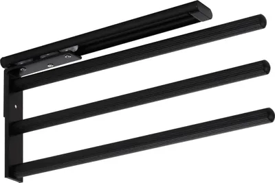 A black aluminum towel rack with three extendable and rotatable arms, mounted on a white background.
