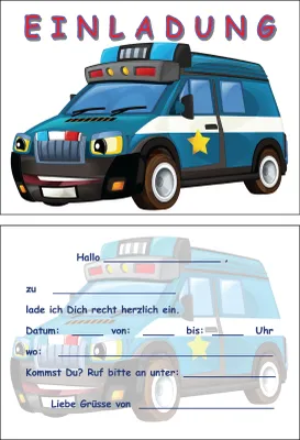 Produktbild von 8 Einladungskarten Kinder Geburtstag Einladungen Polizei Polizeiauto Polizist 110