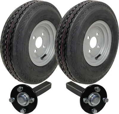 Two trailer wheels with hubs and stub axles against a white background.