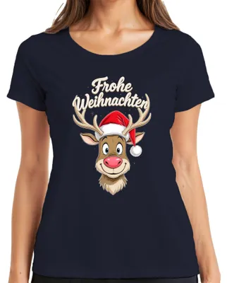 Zdjęcie produktu dla Merry Christmas Reindeer Cute Cartoon Christmas Hat Funny Ladies T-Shirt, Granatowy, XL