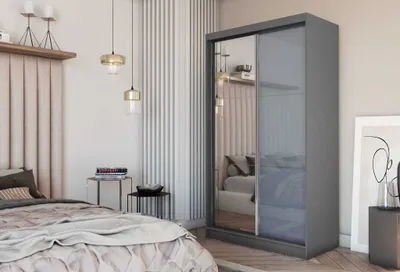 Produktbild von AGMAT Schwebetürenschrank Viva, Kleiderschrank mit 2 Türen und Spiegel, Moderne Garderobe in Farbe: Graphit / Graphit, Schrank in Größe: 120 x 216 x 61 cm
