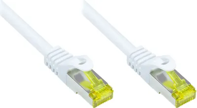 Produktbild von RJ45 Patchkabel mit Cat. 7 Rohkabel und Rastnasenschutz (RNS®), S/FTP, PiMF, 500MHz, weiß, 10m, Good Connections®