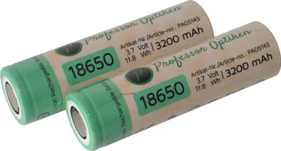Produktbild von Professor Optiken 2er-Set Lithium-Ionen-Akku - Typ: 18650, 3,7 Volt mit 3200 mAh Hochleistungs-Akku für Taschenlampen und e-Zigaretten (Vape)