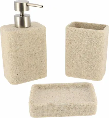 Obrázek produktu pro Tendance sada koupelnových doplňků 3-dílná dávkovač mýdla miska na zubní kartáčky pohárek béžový polyresin 8,8x6x17 cm