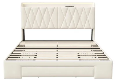 Produktbild von Polsterbett - Doppelbett 160 x 200 cm - LED-Kopfteil mit USB-Ladefunktion - Bettkasten mit 3 Schubladen - Samtbezug - Weiß