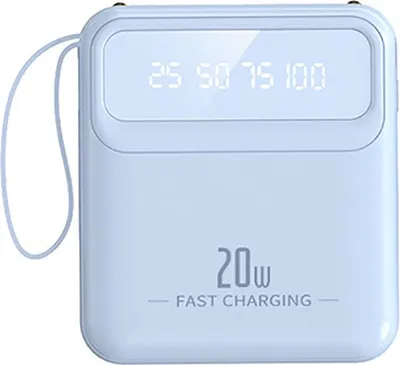 Produktbild von Avizar, Kompakte 10000mAh Powerbank 20W mit LED, Lampe und Kabeln, Blau